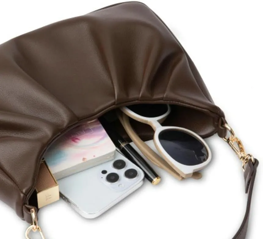Women Pleated Soft Leather Shoulder Bag - Versatile & Minimalist Design Large Capacity Dual Adjustable Straps Crossbody