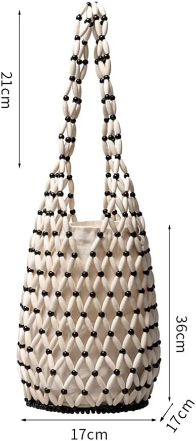Women Retro Wooden Handbag Woven Bead Tote Bag Hollow Out Beach Casual Bucket Purse, Brown