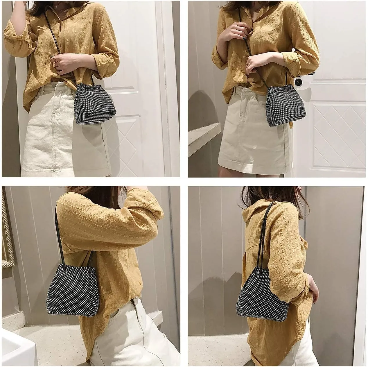 Women Rhinestones Crystal Clutch Mini Evening Bags Bucket Bag Party Prom Wedding Small Shoulder Cross-body Purses