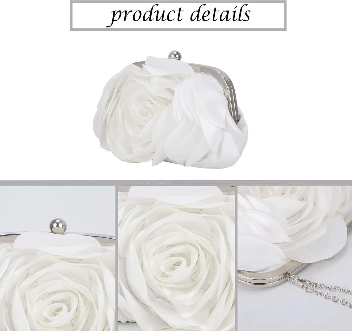 Women Rose Clutch Bags Floral Satin Evening Handbag with Detachable Chain for Wedding, Party, Prom