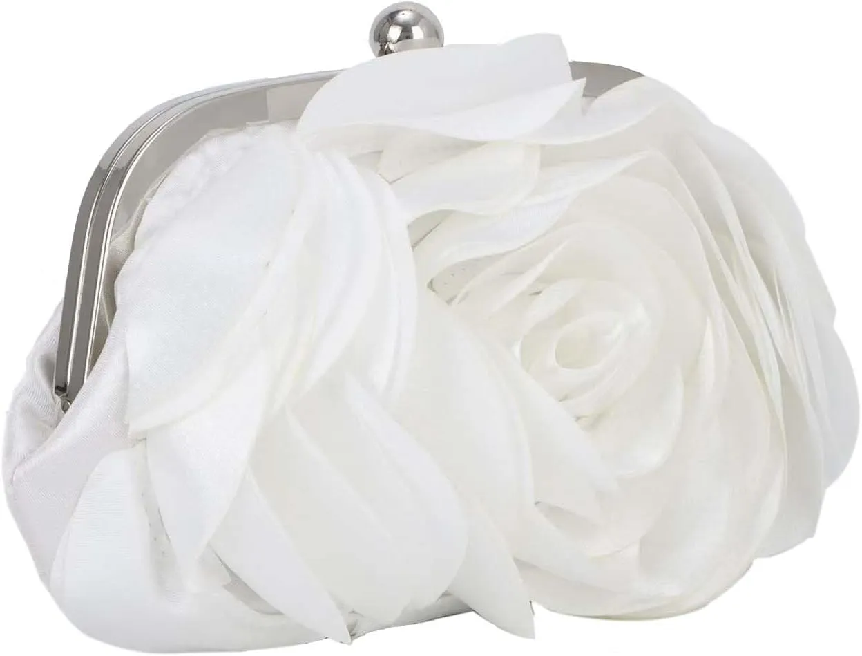 Women Rose Clutch Bags Floral Satin Evening Handbag with Detachable Chain for Wedding, Party, Prom