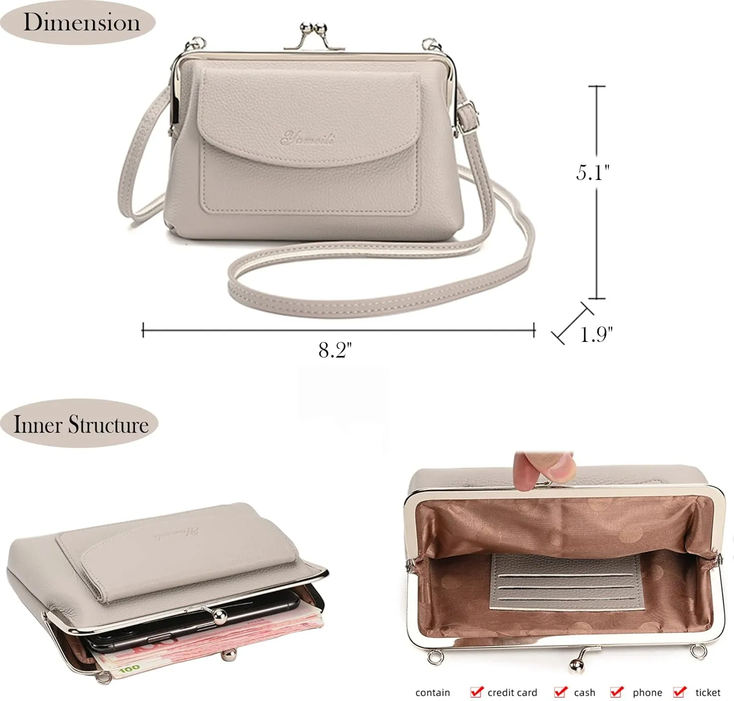 Women Small Shoulder Crossbody Bag Kiss Lock Fashion Designer Phone Purse
