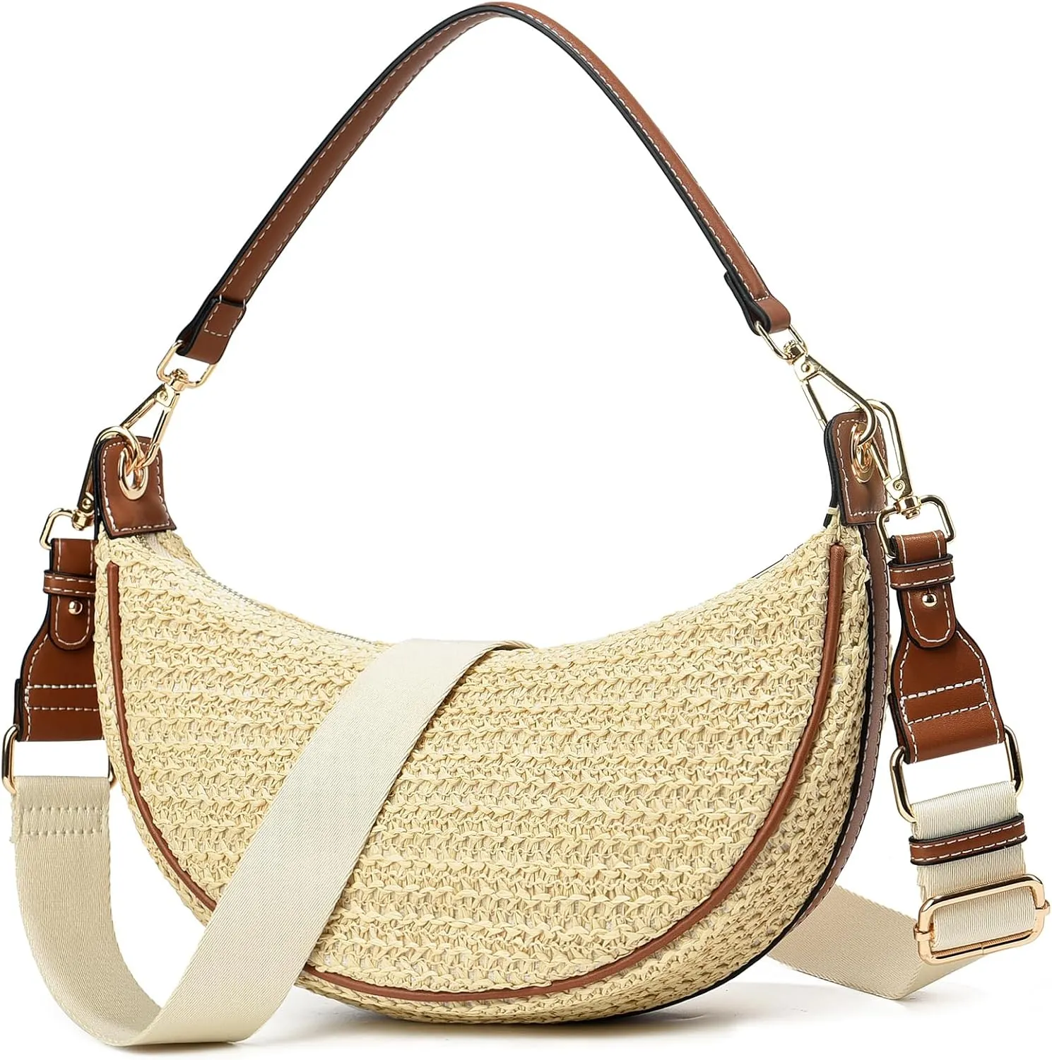 Women Straw Woven Shoulder Bag Crescent Shoulder Purse Small Crossbody Bag Hobo Dumpling Bag Casual Shoulder Handbags