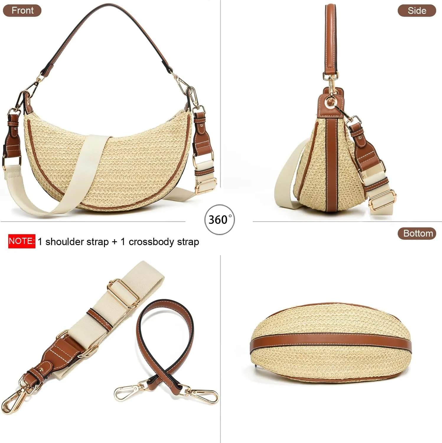 Women Straw Woven Shoulder Bag Crescent Shoulder Purse Small Crossbody Bag Hobo Dumpling Bag Casual Shoulder Handbags