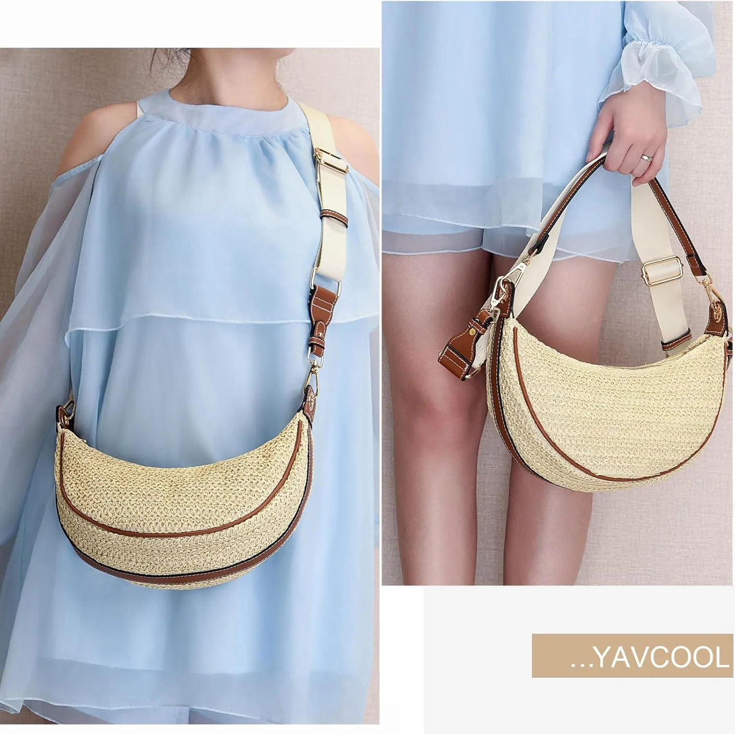 Women Straw Woven Shoulder Bag Crescent Shoulder Purse Small Crossbody Bag Hobo Dumpling Bag Casual Shoulder Handbags