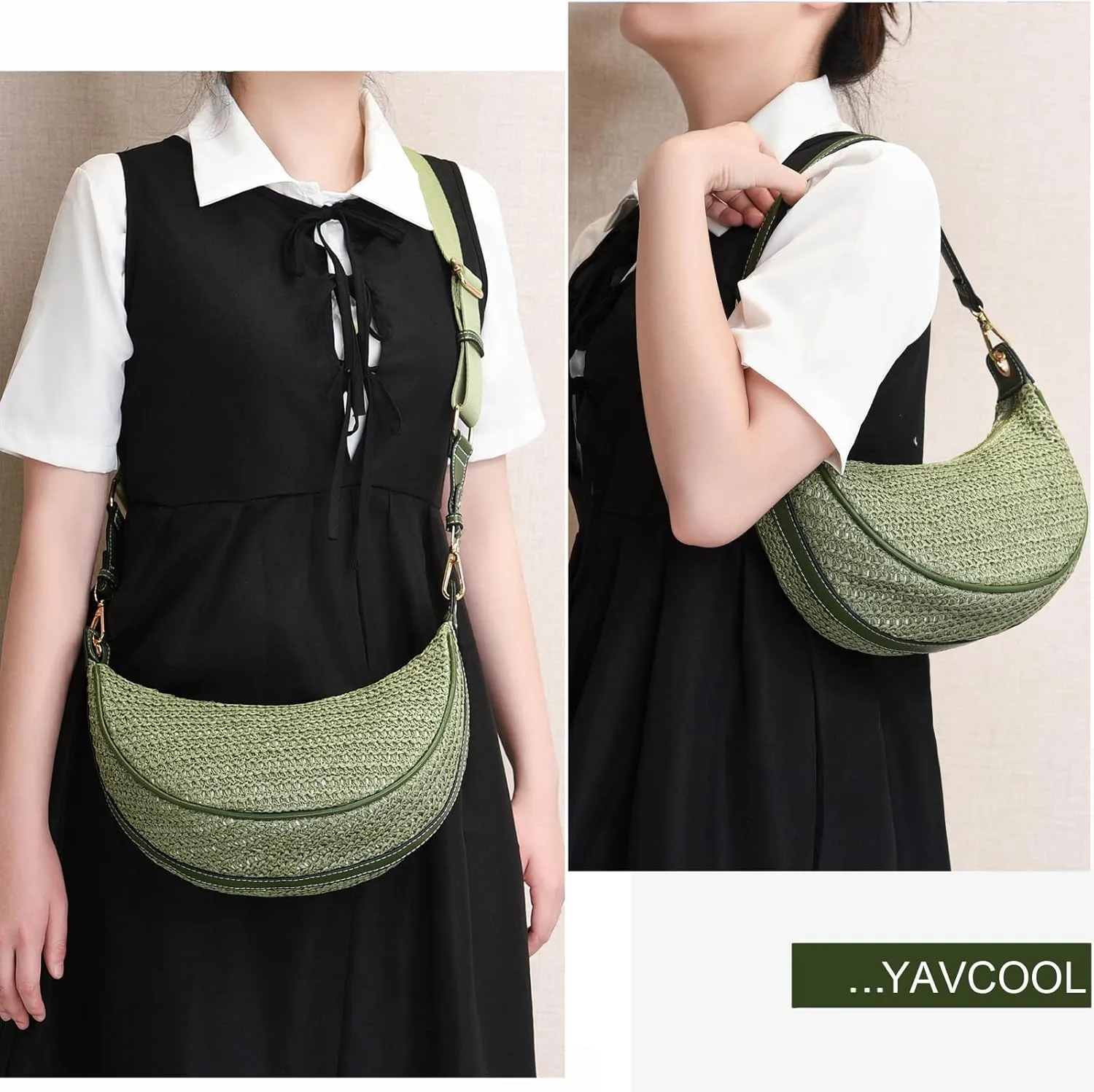 Women Straw Woven Shoulder Bag Crescent Shoulder Purse Small Crossbody Bag Hobo Dumpling Bag Casual Shoulder Handbags