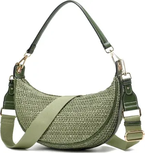 Women Straw Woven Shoulder Bag Crescent Shoulder Purse Small Crossbody Bag Hobo Dumpling Bag Casual Shoulder Handbags