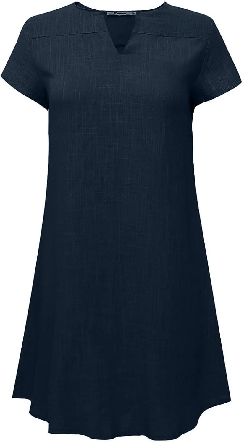 Women Summer Dresses Short Sleeve Cotton Linen Sundresses Knee Length Lightweight Casual T Shirt Dress