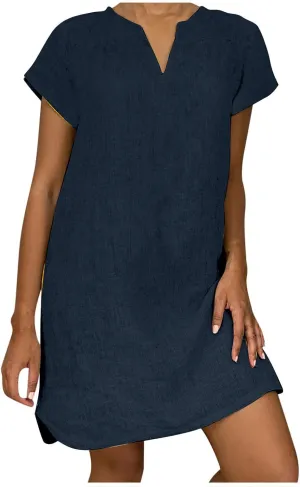 Women Summer Dresses Short Sleeve Cotton Linen Sundresses Knee Length Lightweight Casual T Shirt Dress