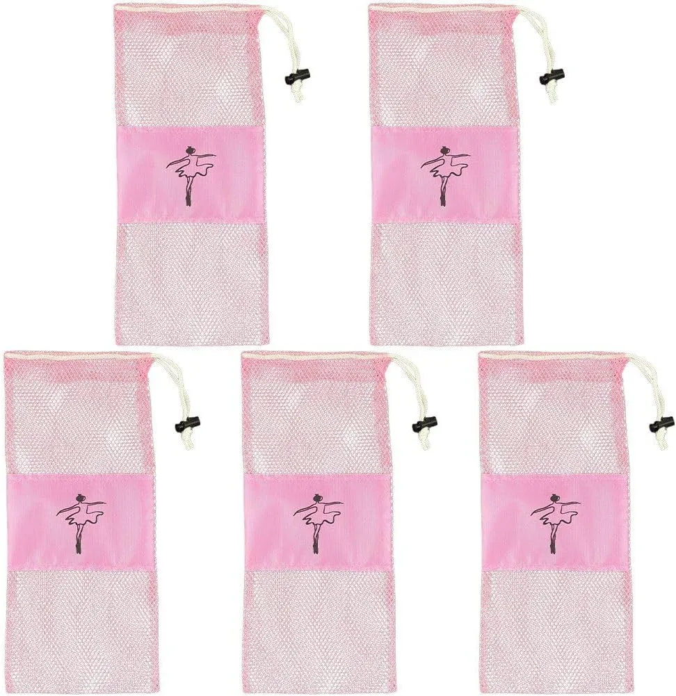Womens Ballet Shoes Bags 5pcs Satin Mesh Pouches Drawstring Pointe Shoe Storage Bag Dance Bags Portable Travel Ballet Backpack