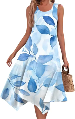 Women's Boho Summer Dresses 2025 Round Neck Sleeveless Tank Dress Gradient Irregular Hem Midi Sundress, S-2XL