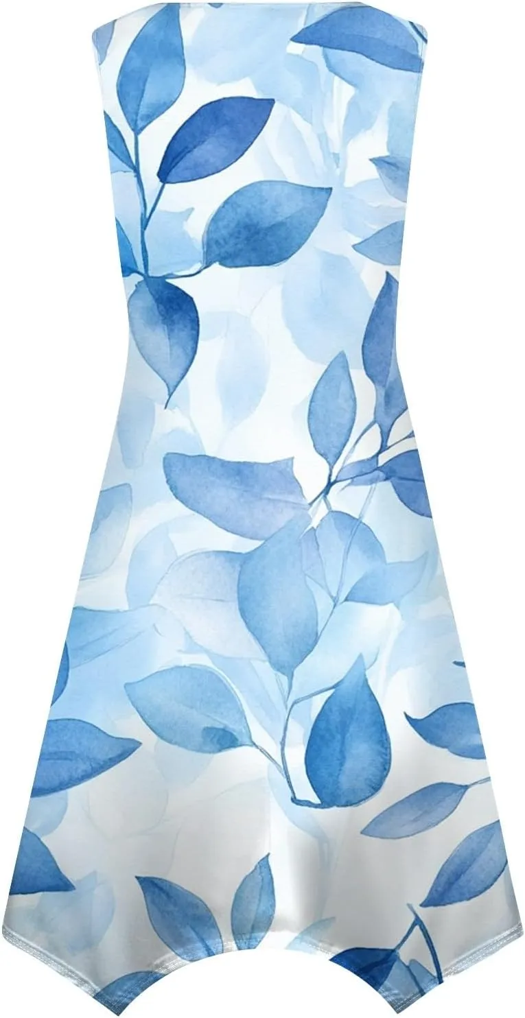 Women's Boho Summer Dresses 2025 Round Neck Sleeveless Tank Dress Gradient Irregular Hem Midi Sundress, S-2XL