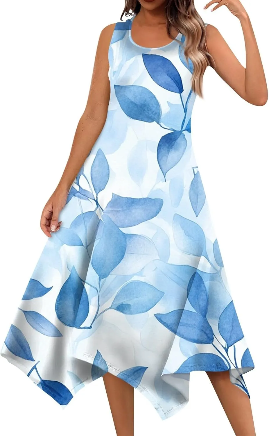 Women's Boho Summer Dresses 2025 Round Neck Sleeveless Tank Dress Gradient Irregular Hem Midi Sundress, S-2XL