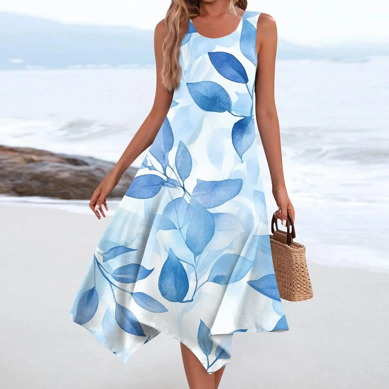 Women's Boho Summer Dresses 2025 Round Neck Sleeveless Tank Dress Gradient Irregular Hem Midi Sundress, S-2XL