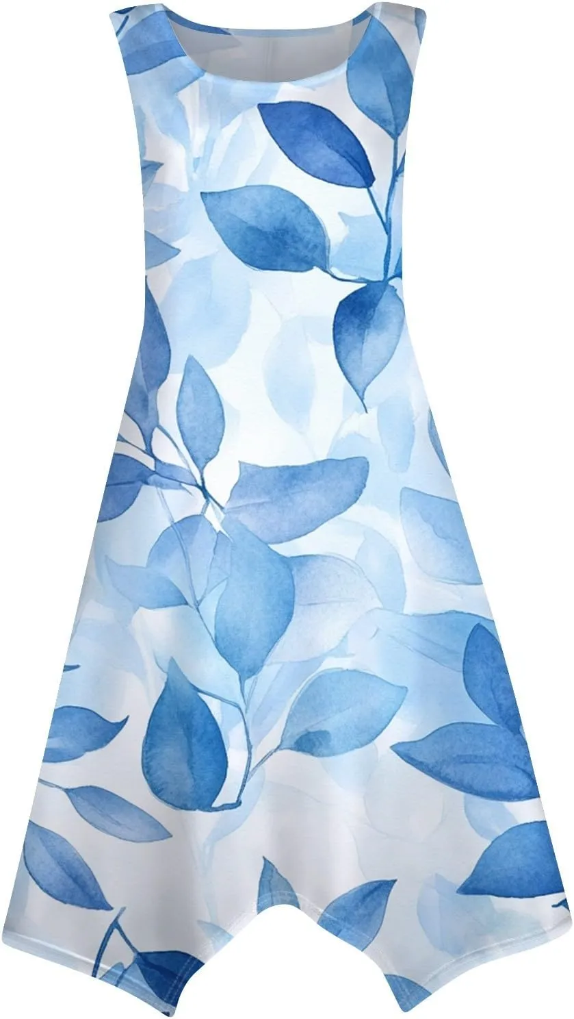 Women's Boho Summer Dresses 2025 Round Neck Sleeveless Tank Dress Gradient Irregular Hem Midi Sundress, S-2XL