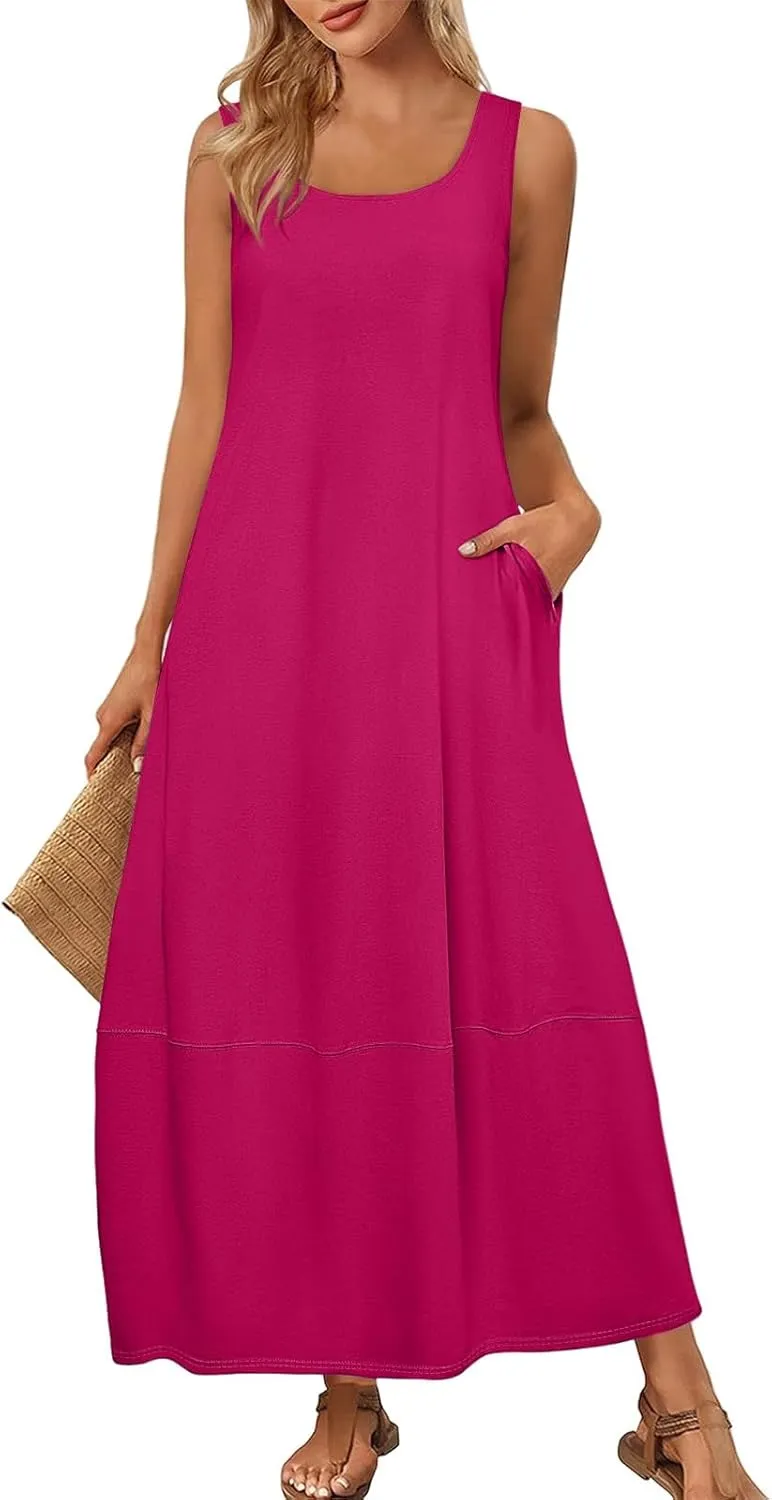 Women's Casual Maxi Sundress 2025 Summer Beach Long Dress Scoop Neck Sleeveless Loose Comfy Tank Dresses