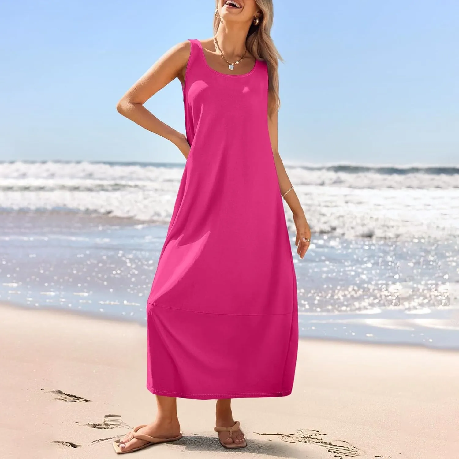 Women's Casual Maxi Sundress 2025 Summer Beach Long Dress Scoop Neck Sleeveless Loose Comfy Tank Dresses