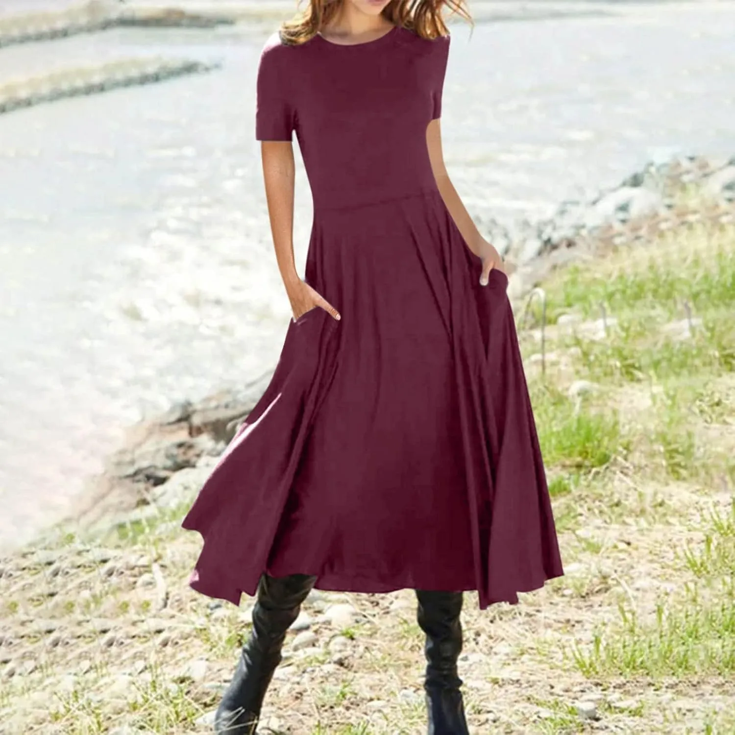 Womens Casual Short Sleeve Crew Neck Solid Color Swing Dress Boho Fold Dress with Pocket Casual Skirts for Women