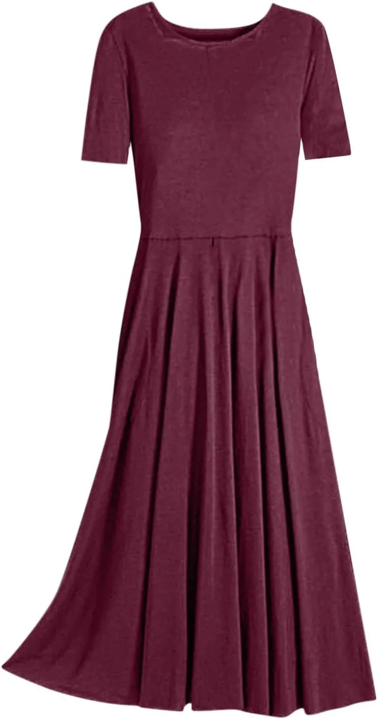 Womens Casual Short Sleeve Crew Neck Solid Color Swing Dress Boho Fold Dress with Pocket Casual Skirts for Women