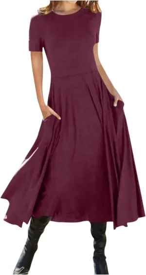 Womens Casual Short Sleeve Crew Neck Solid Color Swing Dress Boho Fold Dress with Pocket Casual Skirts for Women
