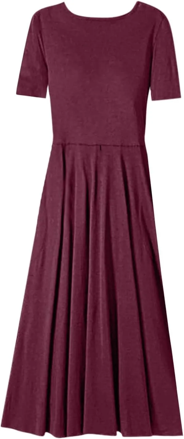 Womens Casual Short Sleeve Crew Neck Solid Color Swing Dress Boho Fold Dress with Pocket Casual Skirts for Women