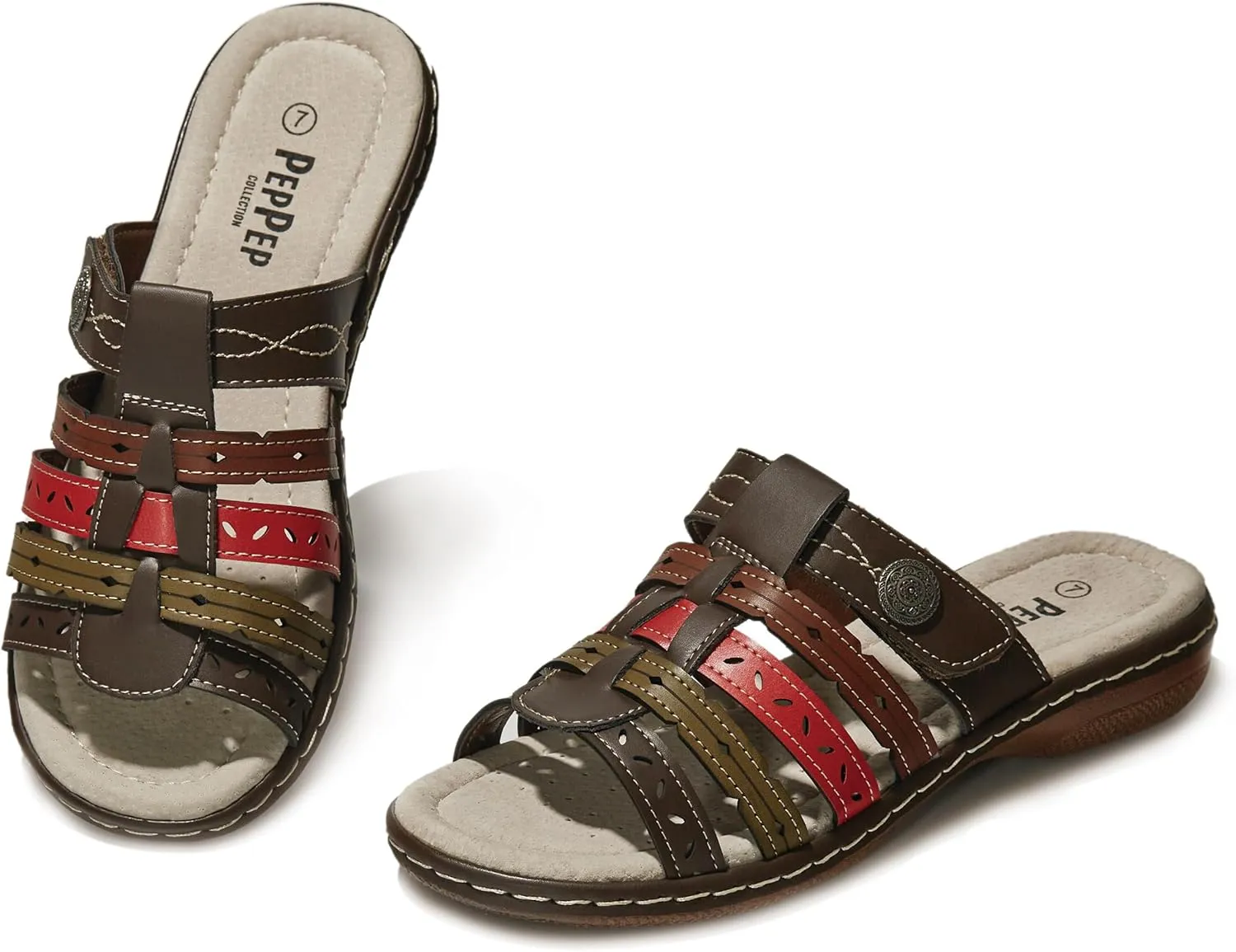 Women's Comfortable Low Wedge Slide Sandals – Dressy Slip-On with Soft Leather, Arch Support, Adjustable Straps & Memory Foam (Orthopedic Friendly)