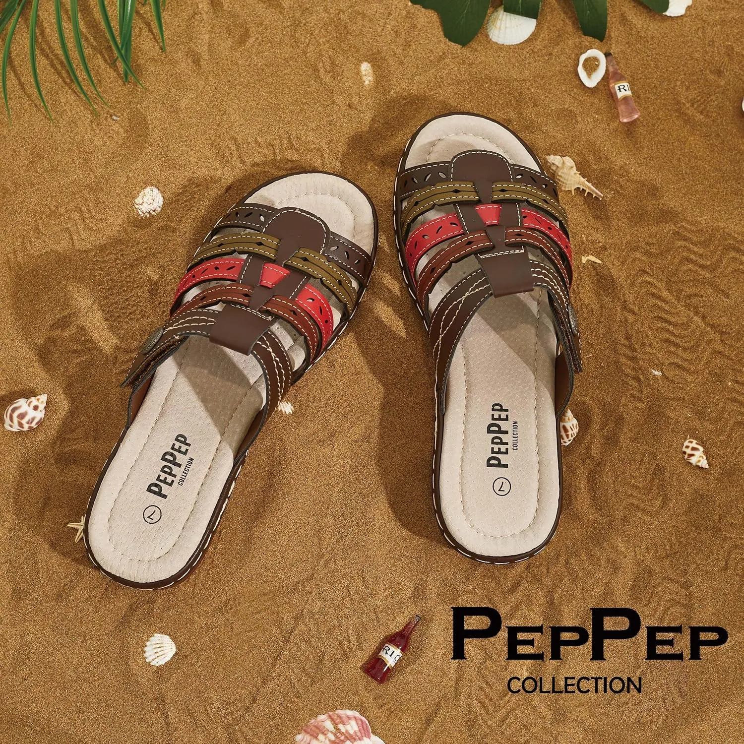 Women's Comfortable Low Wedge Slide Sandals – Dressy Slip-On with Soft Leather, Arch Support, Adjustable Straps & Memory Foam (Orthopedic Friendly)