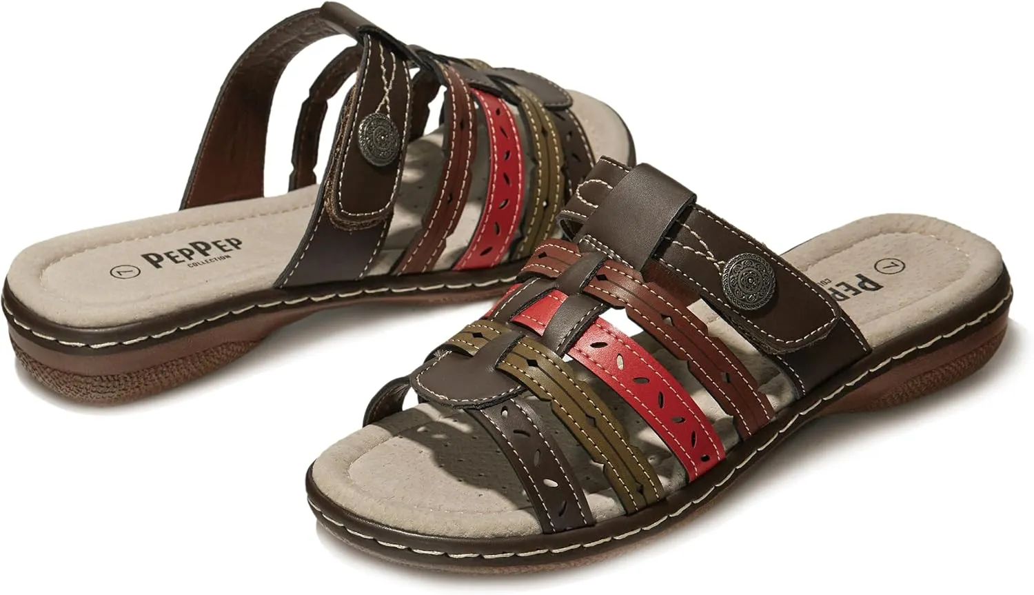 Women's Comfortable Low Wedge Slide Sandals – Dressy Slip-On with Soft Leather, Arch Support, Adjustable Straps & Memory Foam (Orthopedic Friendly)