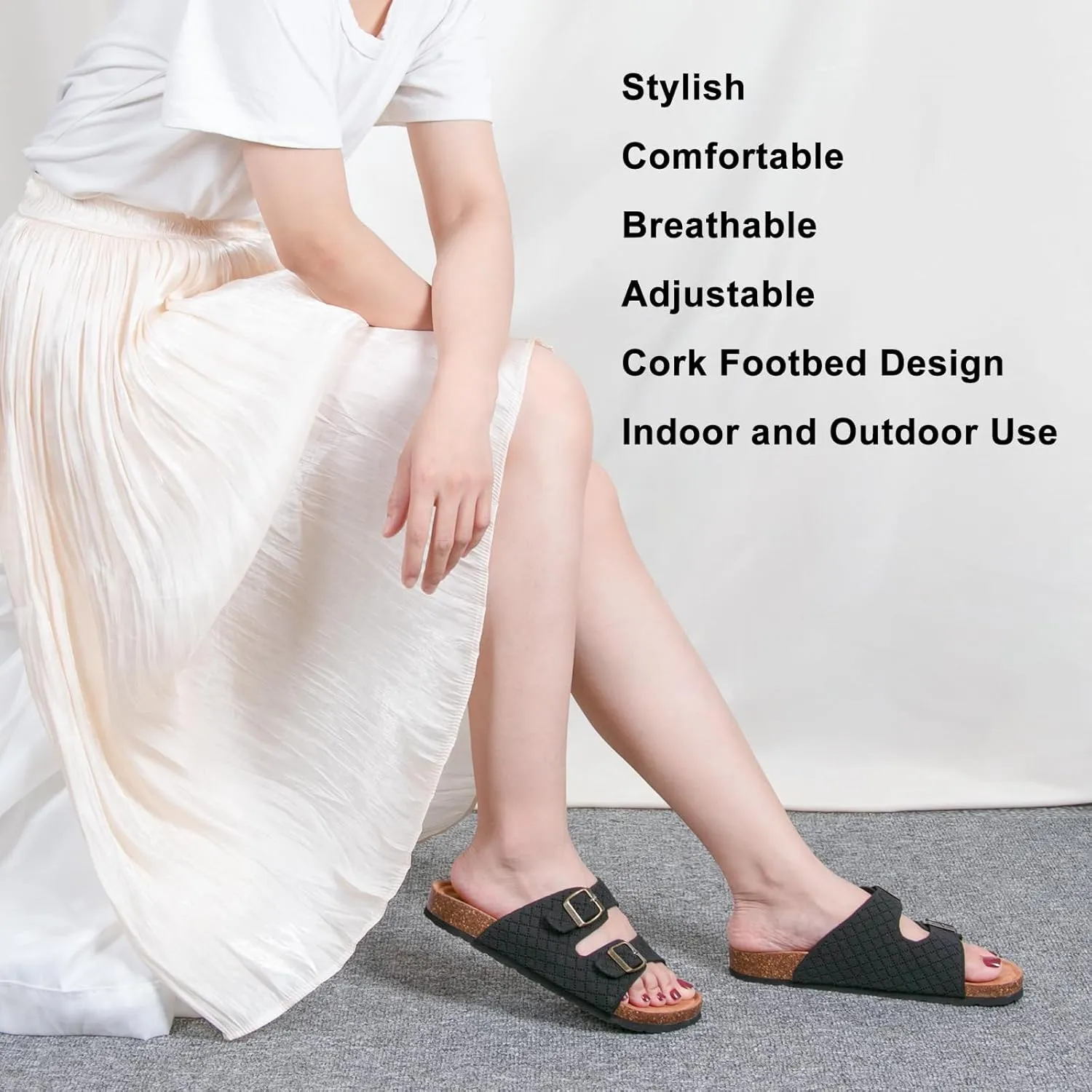 Women's Comfy Arch Support Cork Footbed Adjustable Knitting Straps Indoor and Outdoor Slides Sandals