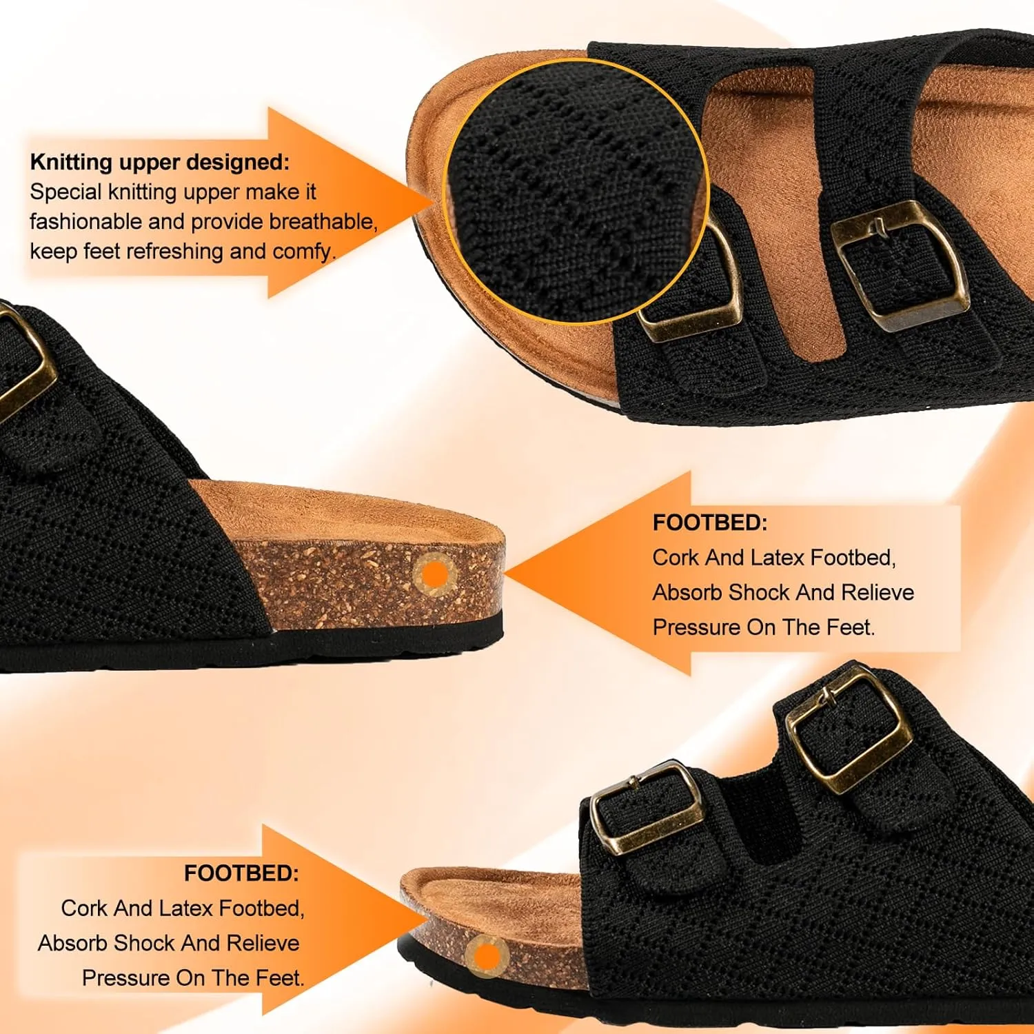 Women's Comfy Arch Support Cork Footbed Adjustable Knitting Straps Indoor and Outdoor Slides Sandals