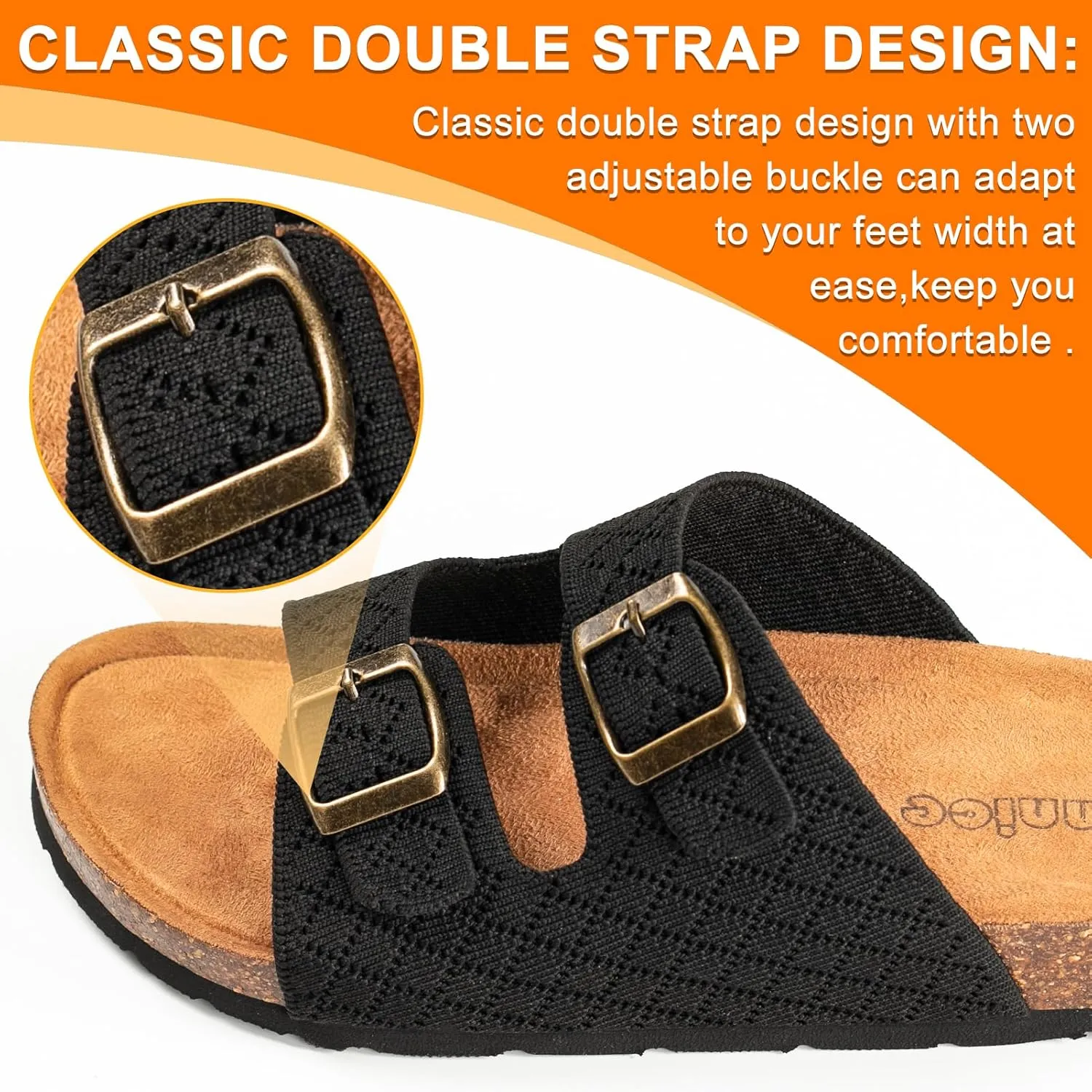 Women's Comfy Arch Support Cork Footbed Adjustable Knitting Straps Indoor and Outdoor Slides Sandals