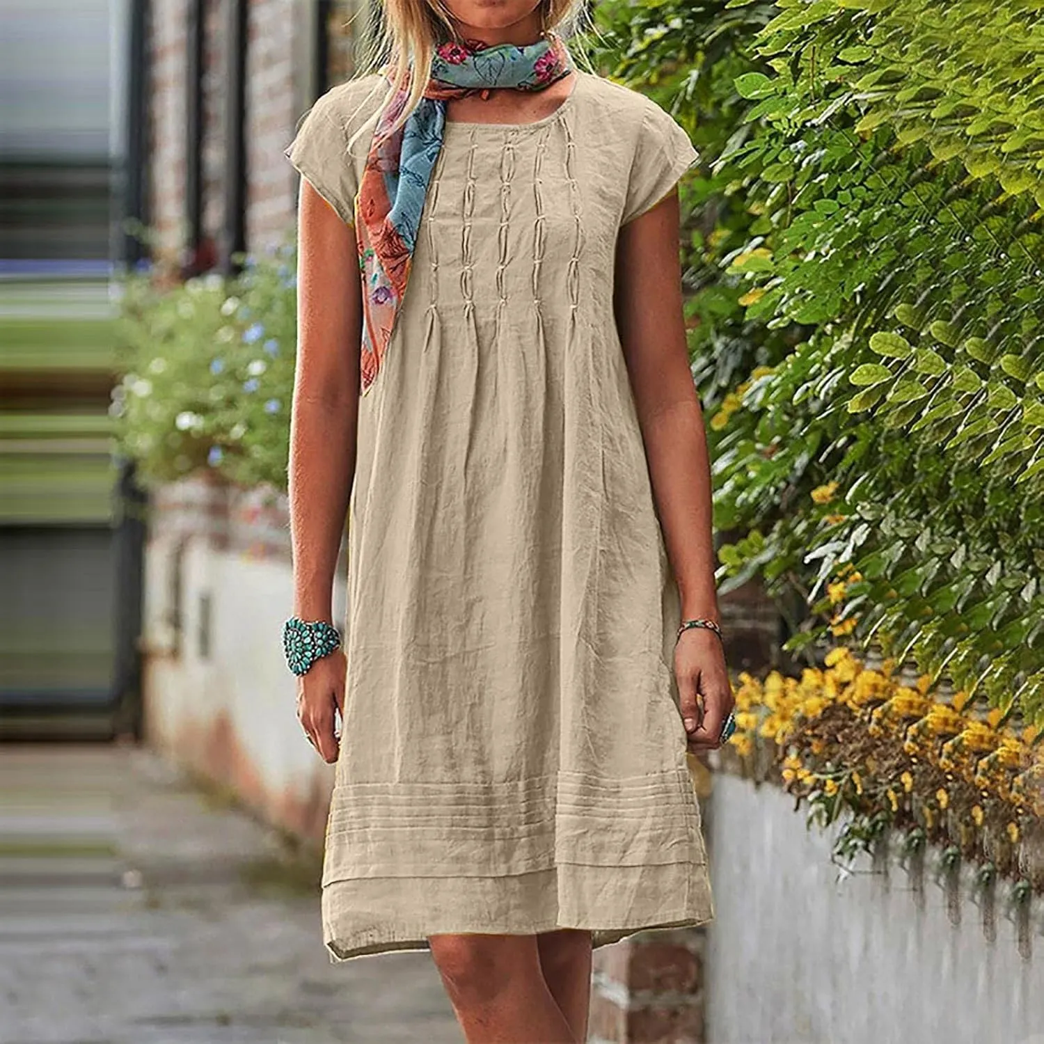 Women's Cotton Linen Summer Dresses 2024 Sleeveless Pleated Dress Casual Knee Length Dress Comfy Summer Lounge Outfits