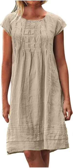 Women's Cotton Linen Summer Dresses 2024 Sleeveless Pleated Dress Casual Knee Length Dress Comfy Summer Lounge Outfits