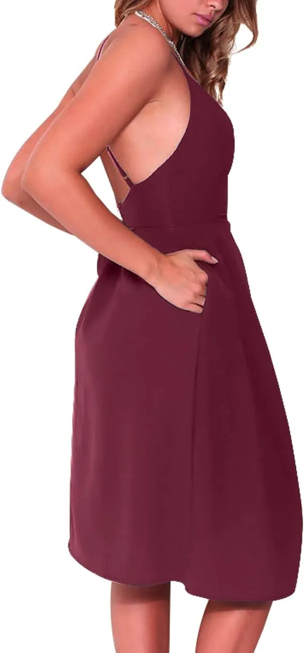 Women's Deep V Neck Adjustable Spaghetti Straps Summer Dress Sleeveless Sexy Backless Party Dresses with Pockets