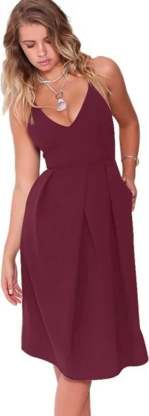 Women's Deep V Neck Adjustable Spaghetti Straps Summer Dress Sleeveless Sexy Backless Party Dresses with Pockets