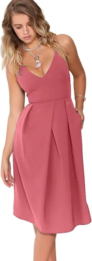 Women's Deep V Neck Adjustable Spaghetti Straps Summer Dress Sleeveless Sexy Backless Party Dresses with Pockets