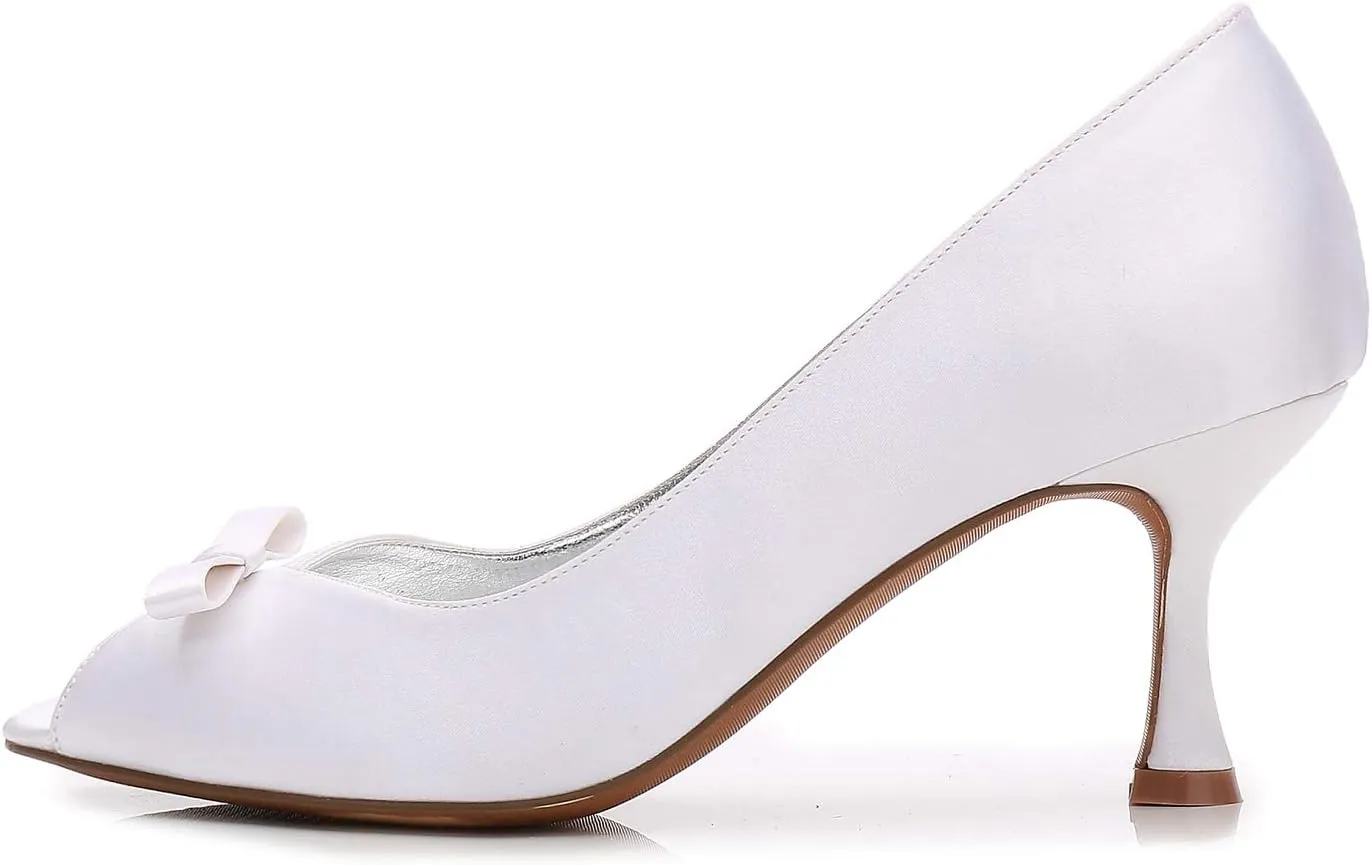 Women's Dress Court Shoes Ladies Peep Toe Satin Bow Kitten Heel Smart Slip on Formal Bridal Shoes