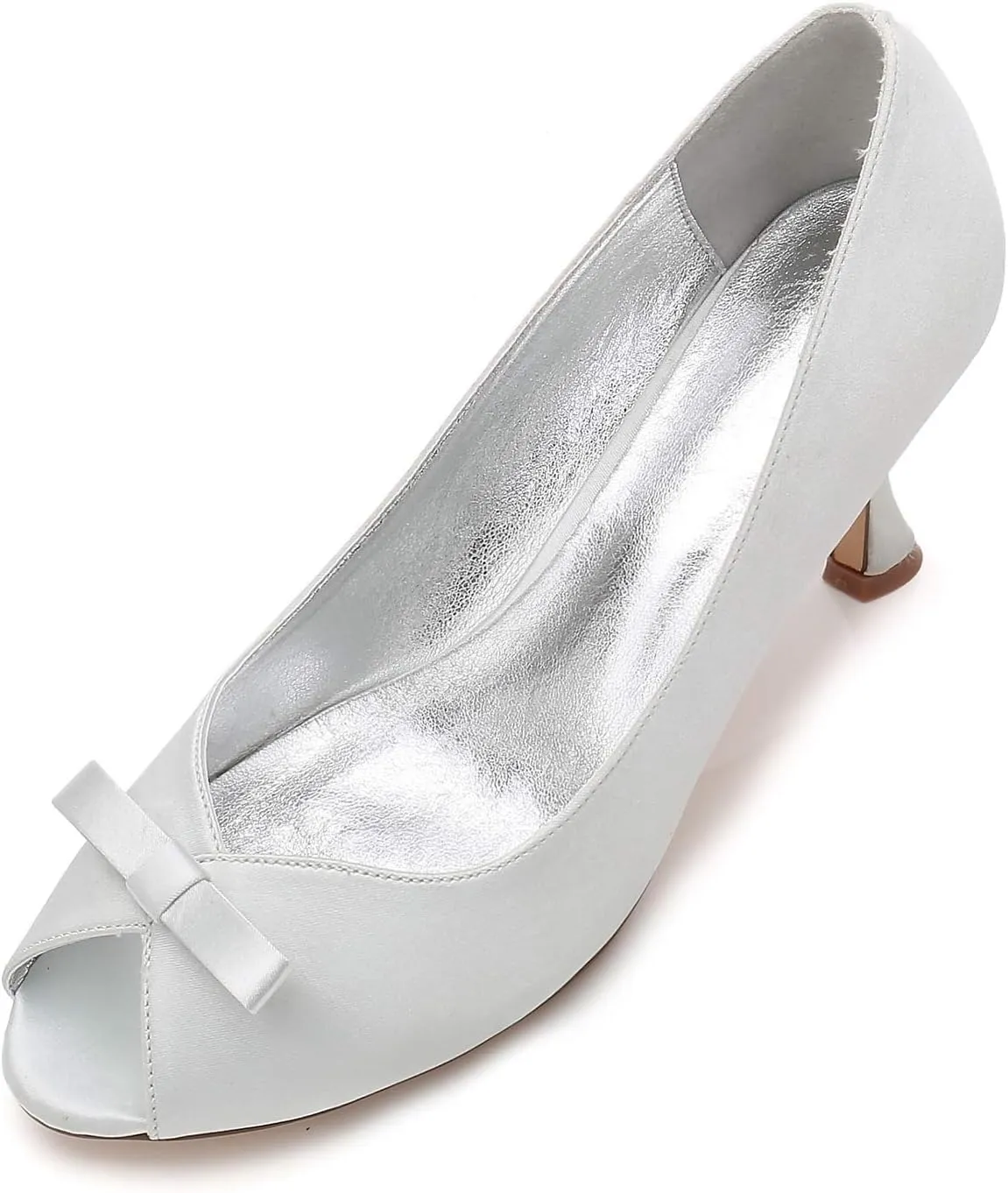Women's Dress Court Shoes Ladies Peep Toe Satin Bow Kitten Heel Smart Slip on Formal Bridal Shoes