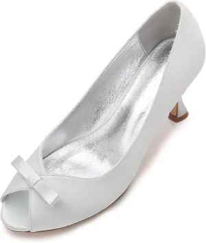 Women's Dress Court Shoes Ladies Peep Toe Satin Bow Kitten Heel Smart Slip on Formal Bridal Shoes