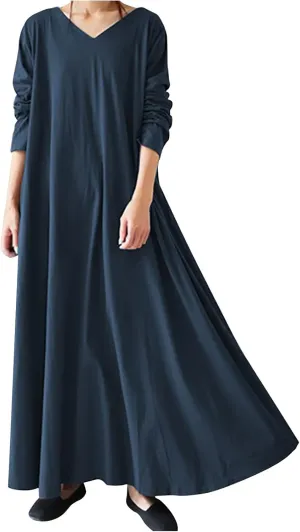Womens Dresses Fall Casual Long Sleeve Solid V Neck Ruffle Flowy Maxi Dress Vintage Daily Vacation Dress 2024 Clothes
