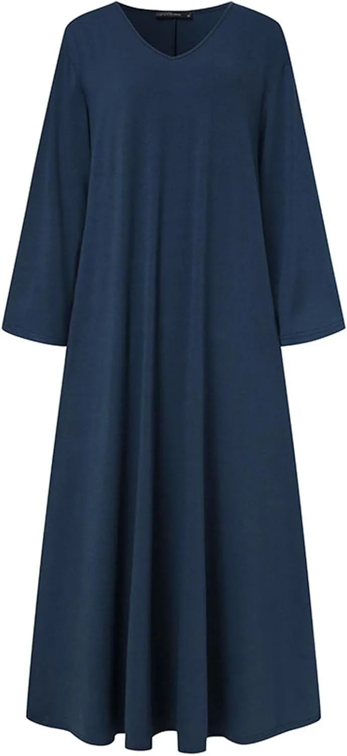 Womens Dresses Fall Casual Long Sleeve Solid V Neck Ruffle Flowy Maxi Dress Vintage Daily Vacation Dress 2024 Clothes