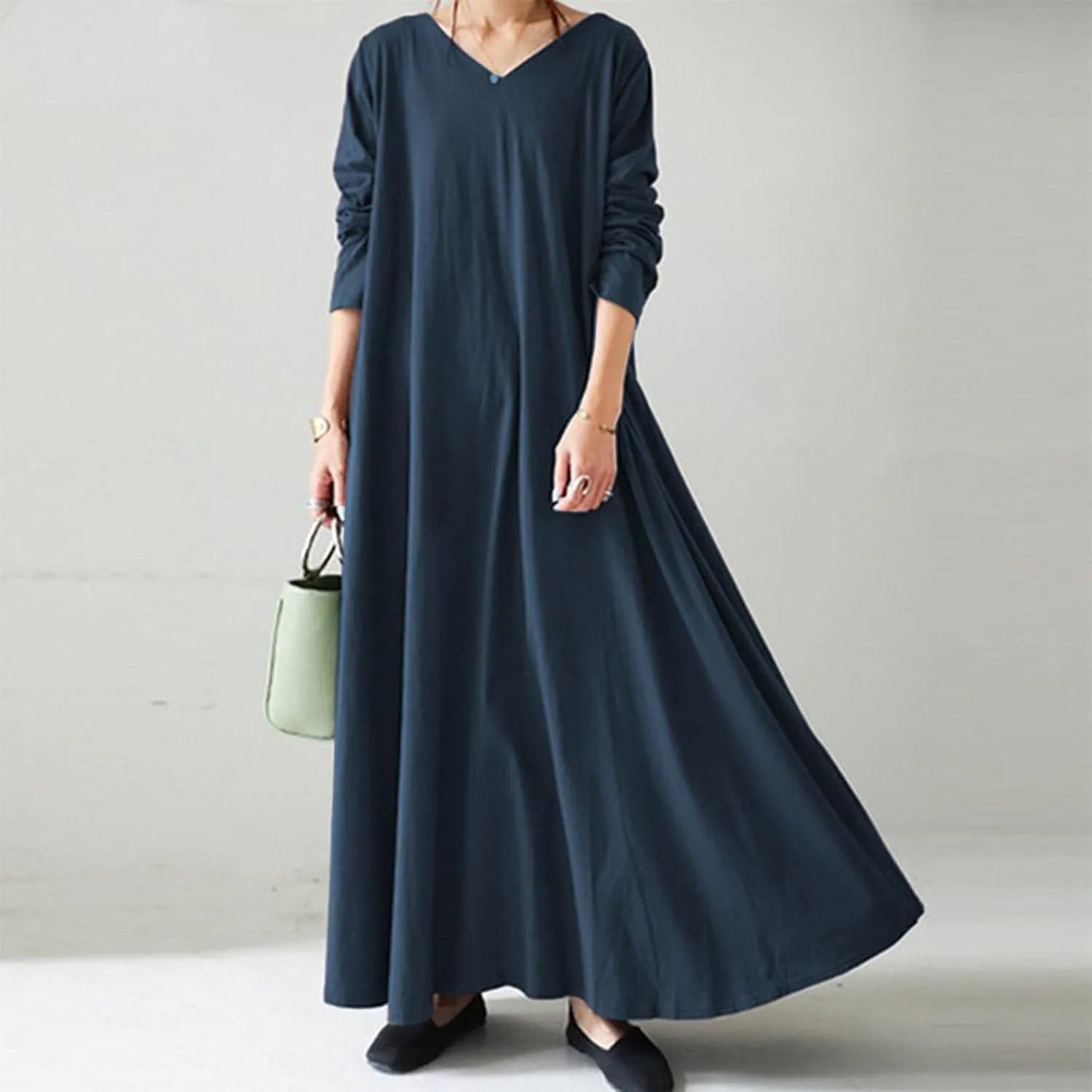 Womens Dresses Fall Casual Long Sleeve Solid V Neck Ruffle Flowy Maxi Dress Vintage Daily Vacation Dress 2024 Clothes