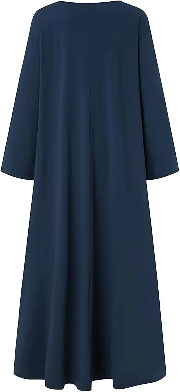 Womens Dresses Fall Casual Long Sleeve Solid V Neck Ruffle Flowy Maxi Dress Vintage Daily Vacation Dress 2024 Clothes