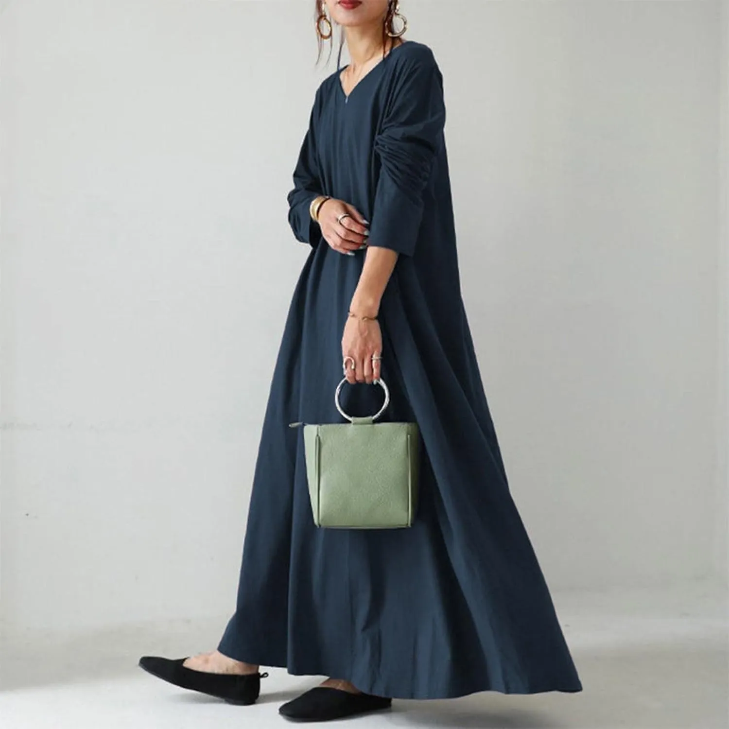 Womens Dresses Fall Casual Long Sleeve Solid V Neck Ruffle Flowy Maxi Dress Vintage Daily Vacation Dress 2024 Clothes