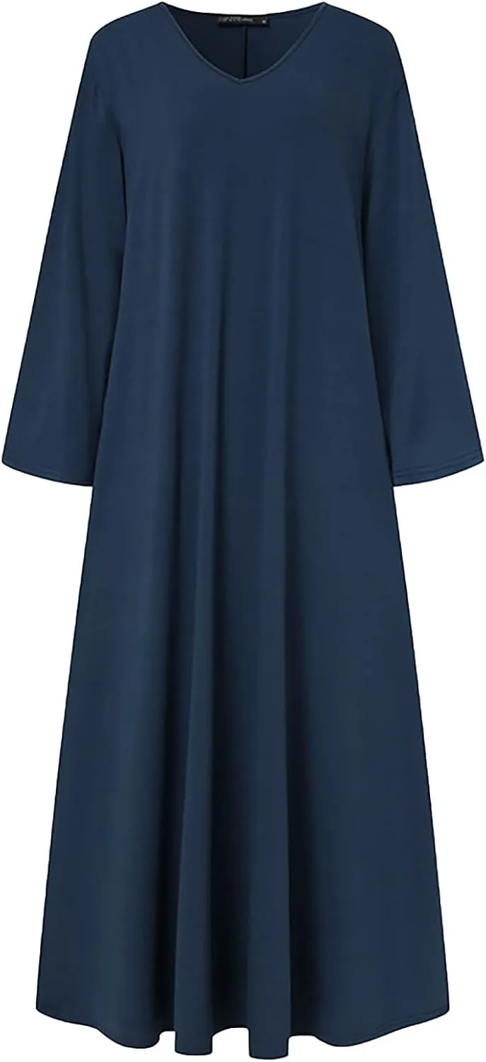 Womens Dresses Fall Casual Long Sleeve Solid V Neck Ruffle Flowy Maxi Dress Vintage Daily Vacation Dress 2024 Clothes
