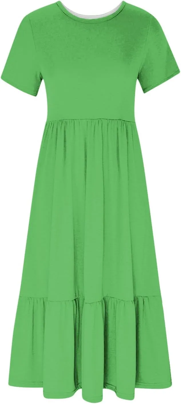 Womens Dresses Short Sleeve Tiered Ruffle Maxi Dress with Pockets Summer Causal Loose Crewneck Solid Beach Sundress