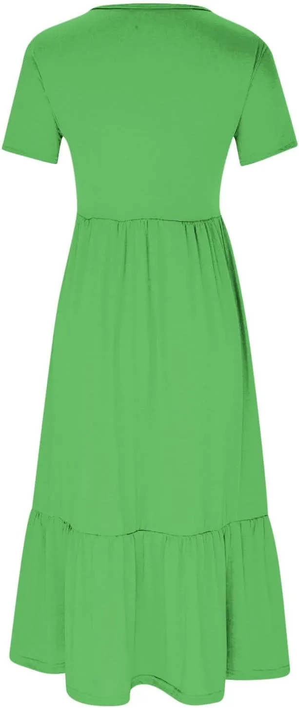 Womens Dresses Short Sleeve Tiered Ruffle Maxi Dress with Pockets Summer Causal Loose Crewneck Solid Beach Sundress