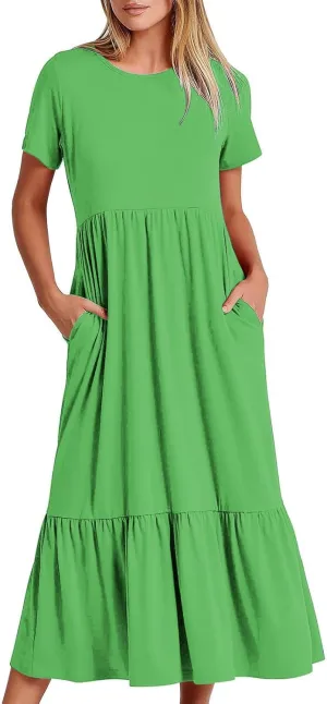 Womens Dresses Short Sleeve Tiered Ruffle Maxi Dress with Pockets Summer Causal Loose Crewneck Solid Beach Sundress