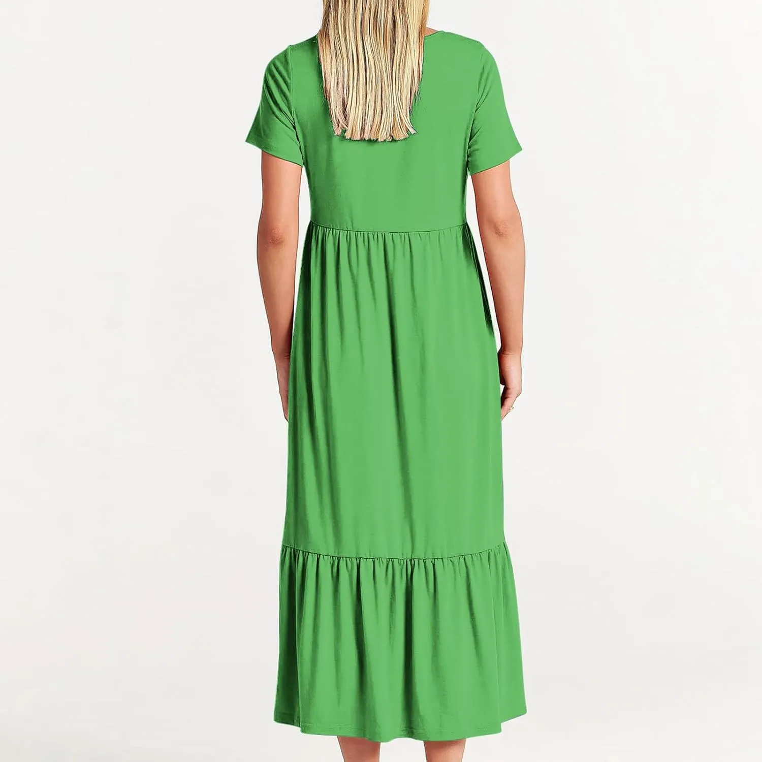 Womens Dresses Short Sleeve Tiered Ruffle Maxi Dress with Pockets Summer Causal Loose Crewneck Solid Beach Sundress