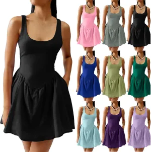 Womens Drop Waist Dress Casual Scoop Neck Backless Mini Tank Dress Summer Vacation Beach Dress Athletic Tennis Dress